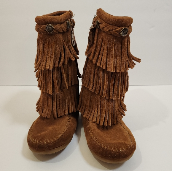 Minnetonka 2652 Triple Fringe Side Zip Soled Moccasin 7.5" Kids Unisex Size 11 - Picture 2 of 16